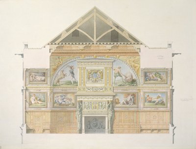 Ms 1014 Elevatie van de balzaal in Fontainebleau, plaat uit een album door Charles Percier